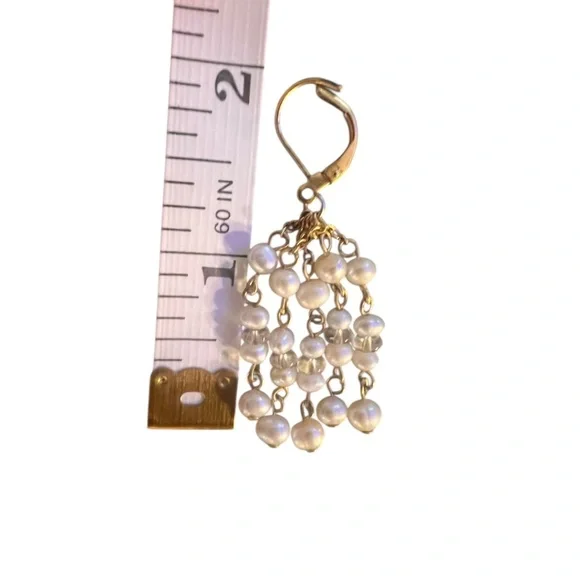 Gold Tone Pearl Dangle Earrings | Beaded Fringe Drop | Statement Earring - Picture 5 of 5